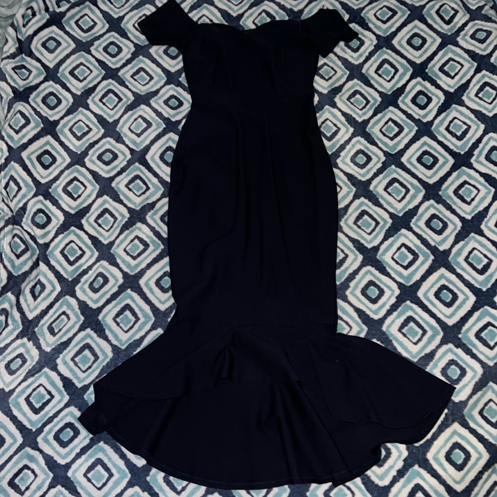 Slip into the Lulus How Much I Care Midnight Blue Off-the-Shoulder Midi Dress - Picture 2 of 8